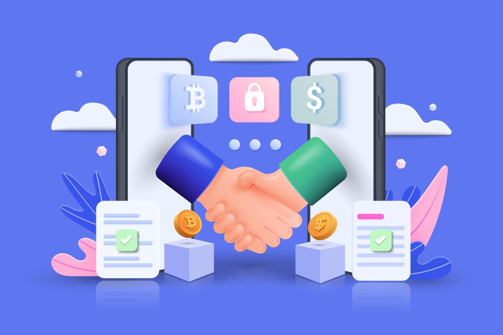 Smart digital contract erc-20 represented with 3d shapes. Handshake coming out of two mobile phones isolated on blue background. Vector 3d illustration