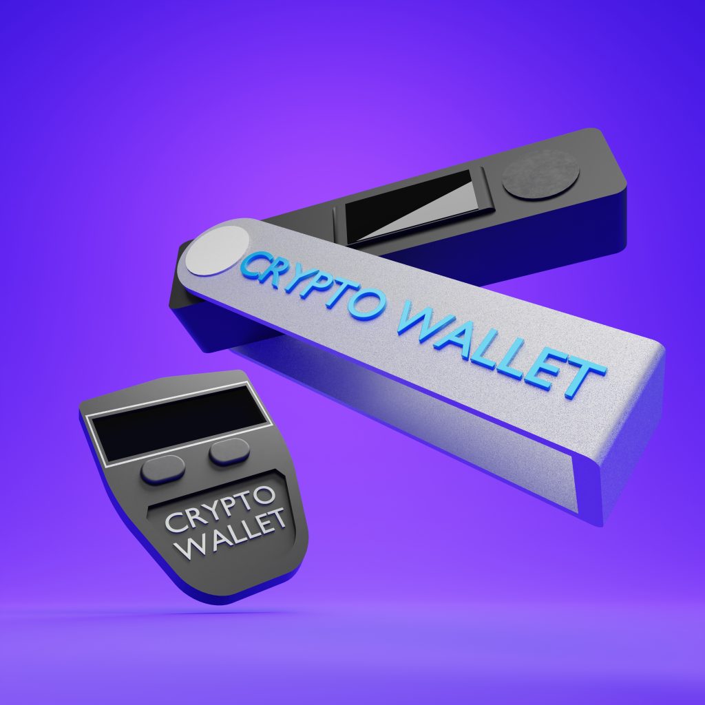 coins on purple background. 3d render illustration. Internet crypto currency security, privacy protection