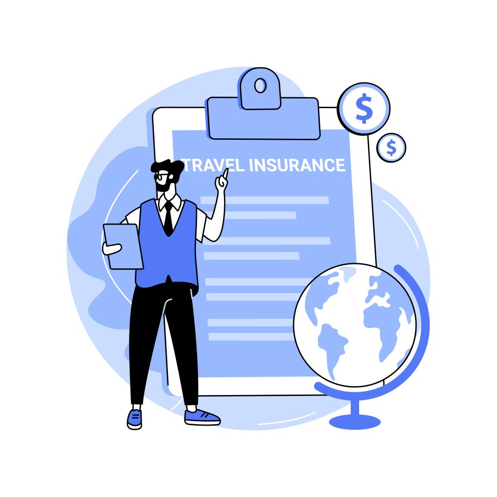 Sell travel insurance isolated cartoon vector illustrations. Travel agent writing an insurance for customers using smart contracts.