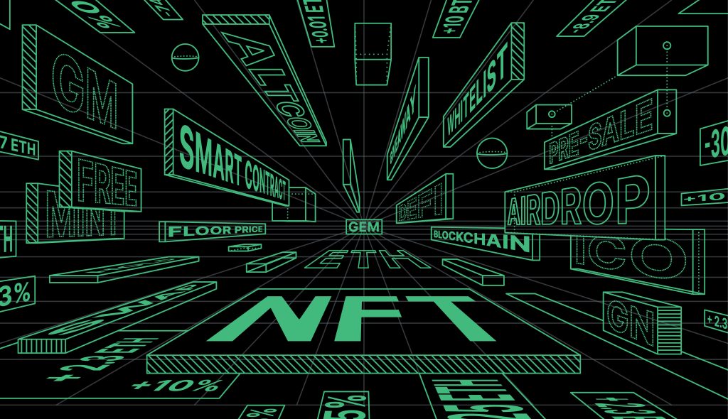 Banner for NFT Industry. One Point Perspective Concept with Terms of Web3. Non Fungible Token and Blockchain Technology. Cryptocurrency. blockchain ecosystem around smart contracts and nft