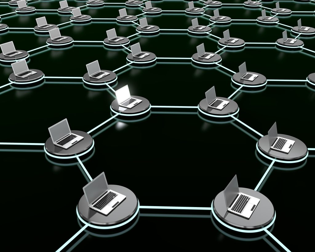 3D render of computer network connection similar to the blockchain concept on black background.