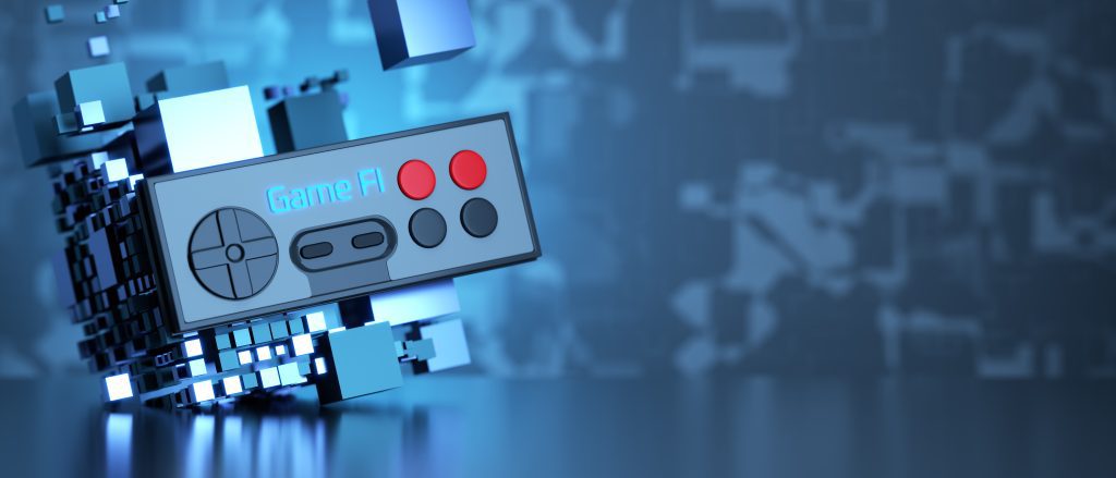 Criptomoneda, joystick, cubo con inscripción gamefi. Finanzas de juegos, jugar para ganar una idea de diseño de tecnología. Controlador de juego de joystick sobre fondo abstracto. representación 3d
