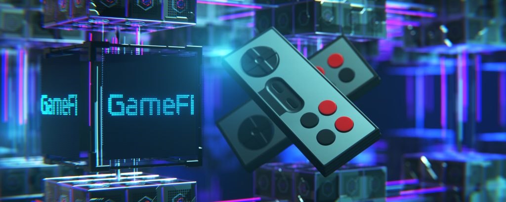 Comparing GameFi to Traditional Video Games. Game finance, play to earn technology design idea. Cryptocurrency, joystick, cube with gamefi inscription. Joystick game controller on an abstract background. 3d rendering..