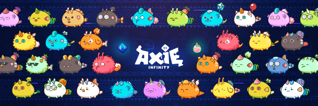 Banner from sky Mavis representing Axies with the logo of the game in the middle. Original art work from the official team of Axie Infinity.