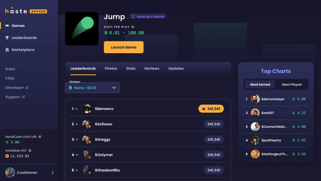 Dashboard of Haste Arcade, bitcoins game top 5