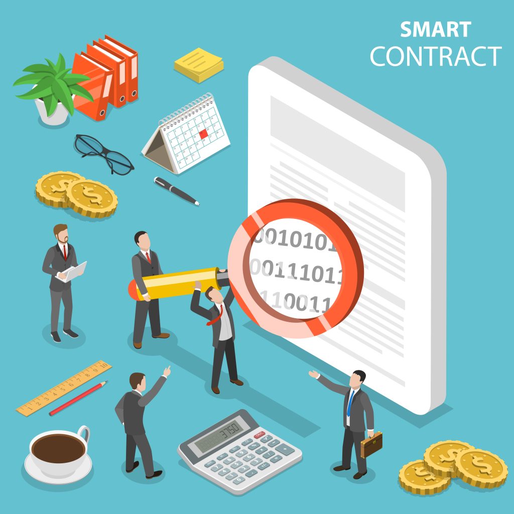 how smart contract works. Smart Contract Vector Flat Law Firm Online Mobile.