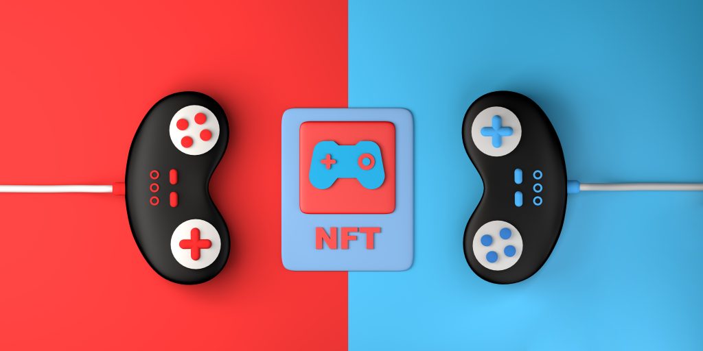 Non fungible token of video game. Gaming NFT with video game console controllers. A reference of play to earn and bitcoins play to earn game in a 3D illustration. 