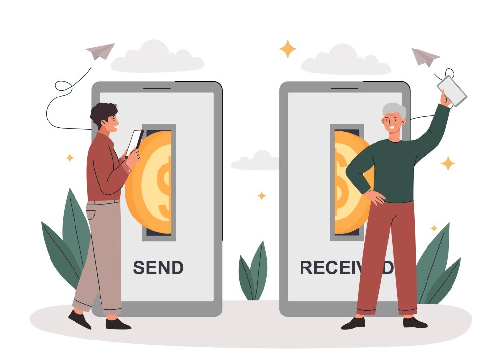 Enviar concepto de dinero. El hombre envía monedas a su amigo a través de la pantalla del teléfono inteligente. Pago sin contacto y transacciones y transferencias electrónicas. Las compras en línea. Ilustración de vector plano de dibujos animados. punto a punto matic
