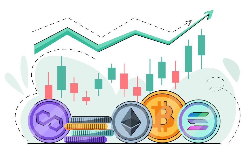 Tendencias de crecimiento de bitcoin y criptomonedas. Ola alcista en el mercado de criptomonedas. Aumento de precios de Bitcoin, solana, Polygon, Ethereum. Una buena tendencia de crecimiento criptográfico. Logotipo de flecha y monedas verde. 
