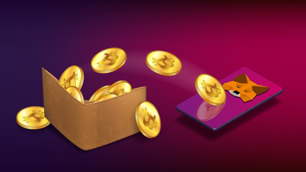 Cryptocurrency wallet with Bitcoin coins which fly to isometric cellphone with MetaMask logo on purple background. Crypto wallet for Defi, Web3 Dapps and NFTs. Vector illustration.