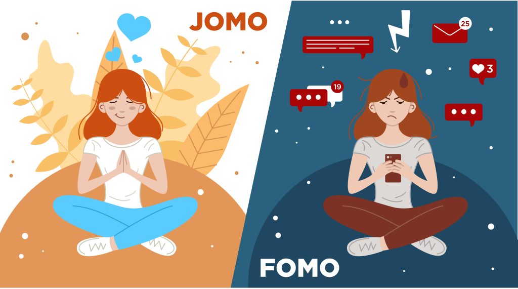 FOMO vs JOMO concept in flat design two different lifestyle.