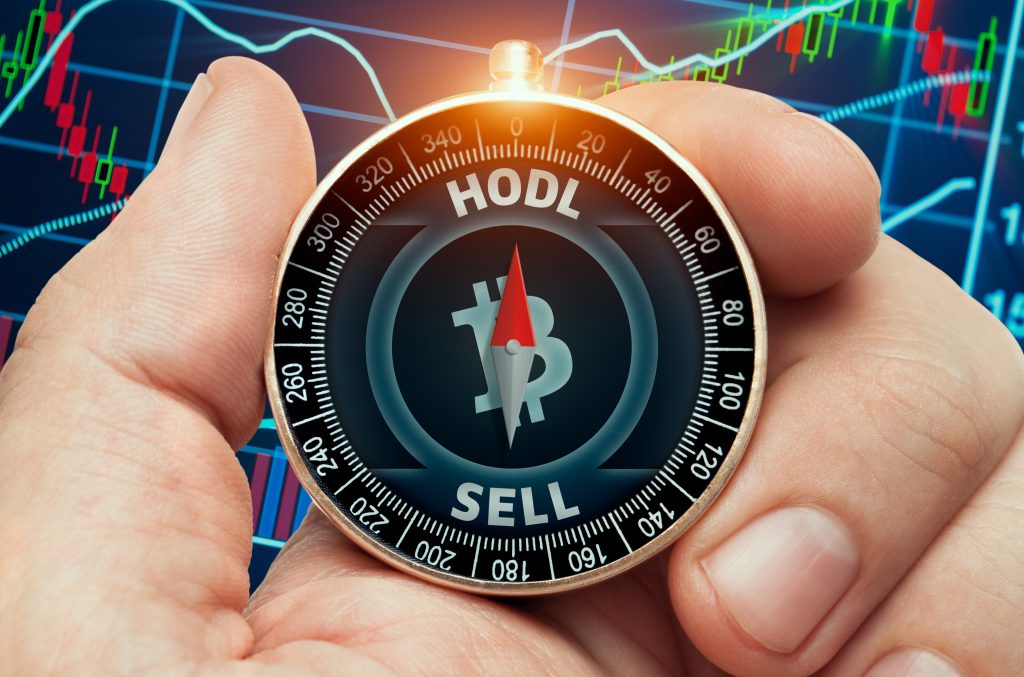 hodl crypto term. Picture of a hand-holding-compass-with-glowing-bitcoin-cash-symbol-front-stock-market-chart-data-compass-needle-showing-hodl-word