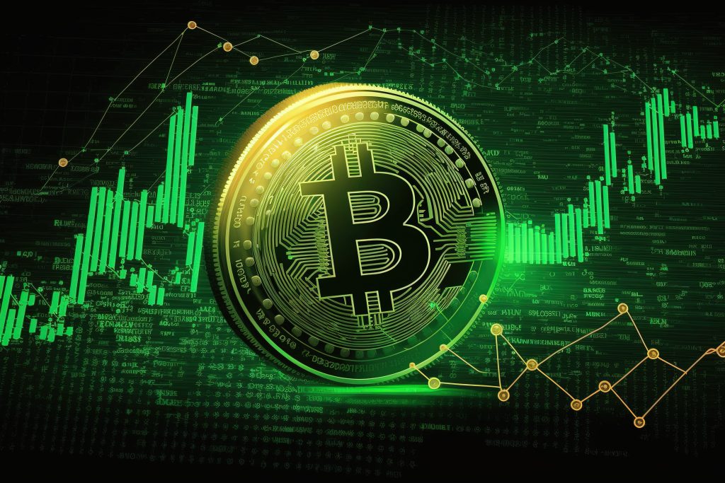 Moneda bitcoin en gráfico verde