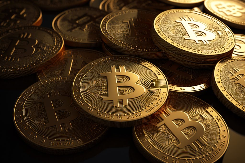 Fondo de montón de Bitcoin, primer plano de criptomonedas bit coins en oro, inteligencia artificial generativa. Muchos bitcoins dorados como dinero virtual, btc. Concepto de satoshi, la moneda más pequeña de bitcoin
