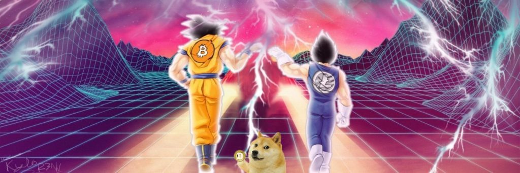 Vegeta y Goku representados como BTC vs. LTC (Litecoins) chocando los puños