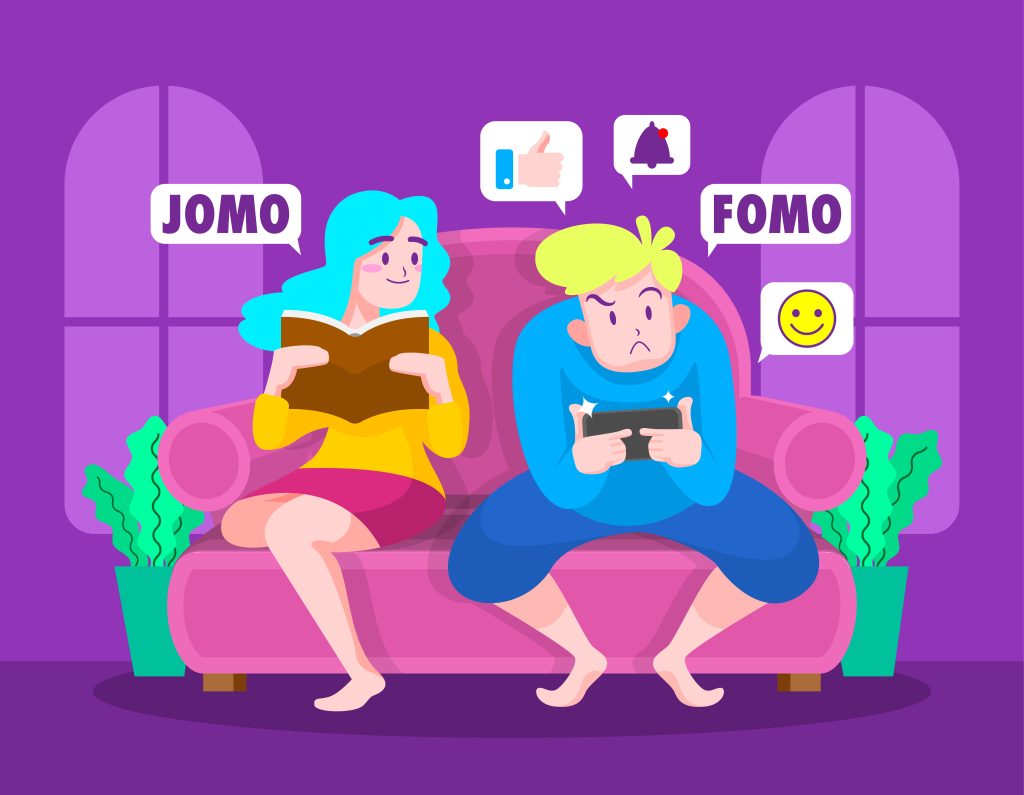 FOMO VS JOMO Concept illustration. Celebrating joy of missing out - crypto