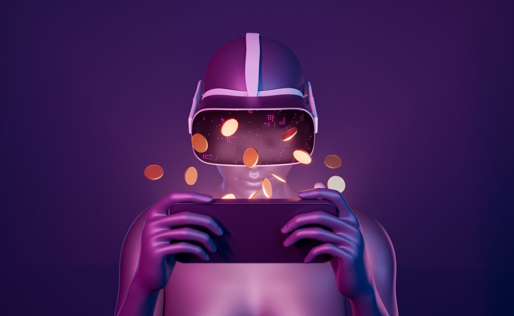 closeup of a 3d girl playing with mobile phone with VR goggles and coins around. neon lights. futuristic concept of metaverse, play to earn, nfts hyper-casual games, cryptocurrencies. 3d rendering