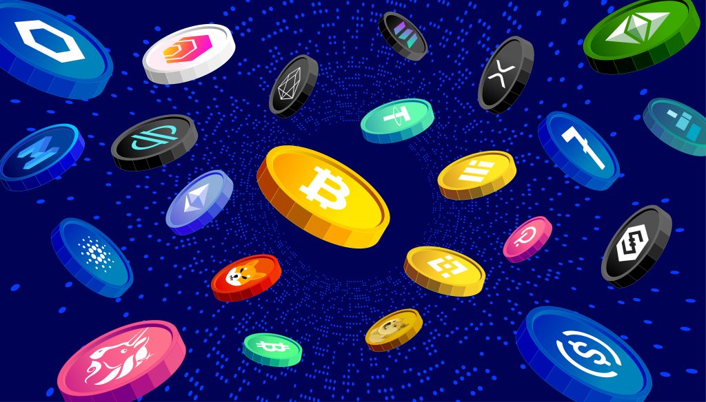 Cryptocurrency coins banner concept. Digital money falling on blue background as the main benefit of nft games