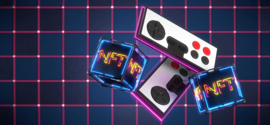NFT unique items rotate with game joystick on digital background.. 3d render
