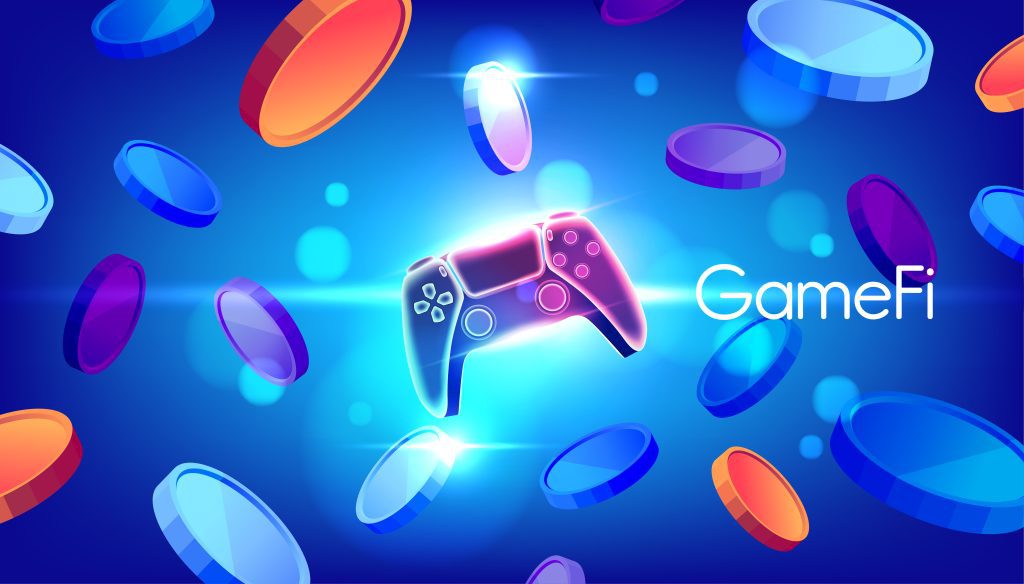 GameFi NFT tokens crypto currency with game controller on blue background.