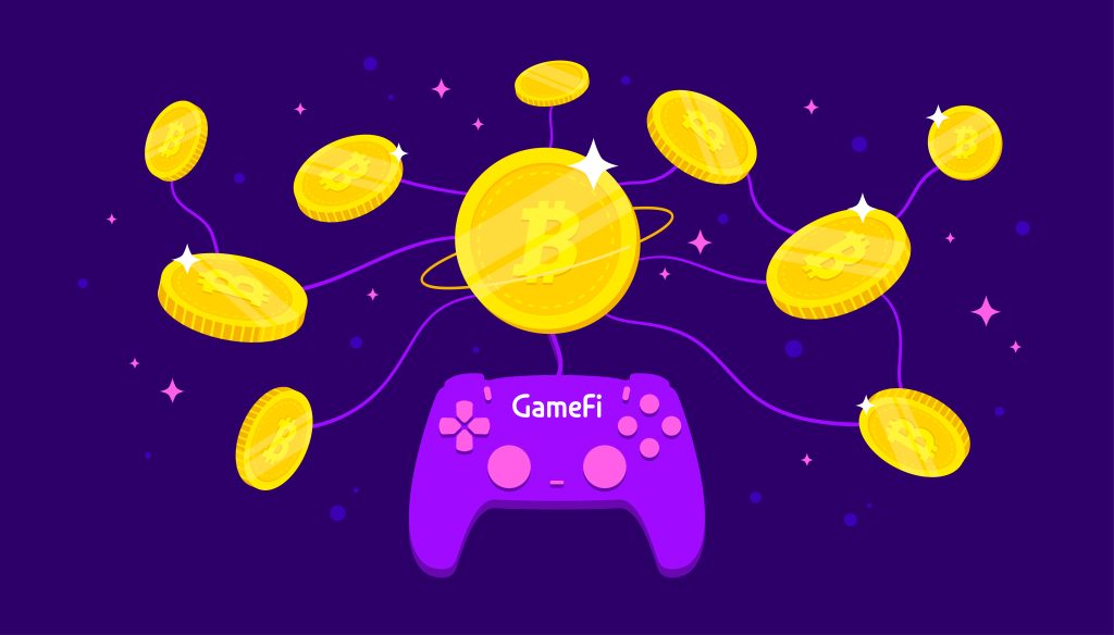 GameFi concept as business model for play to earn games. Crypto currency coins with game controller on blue background.