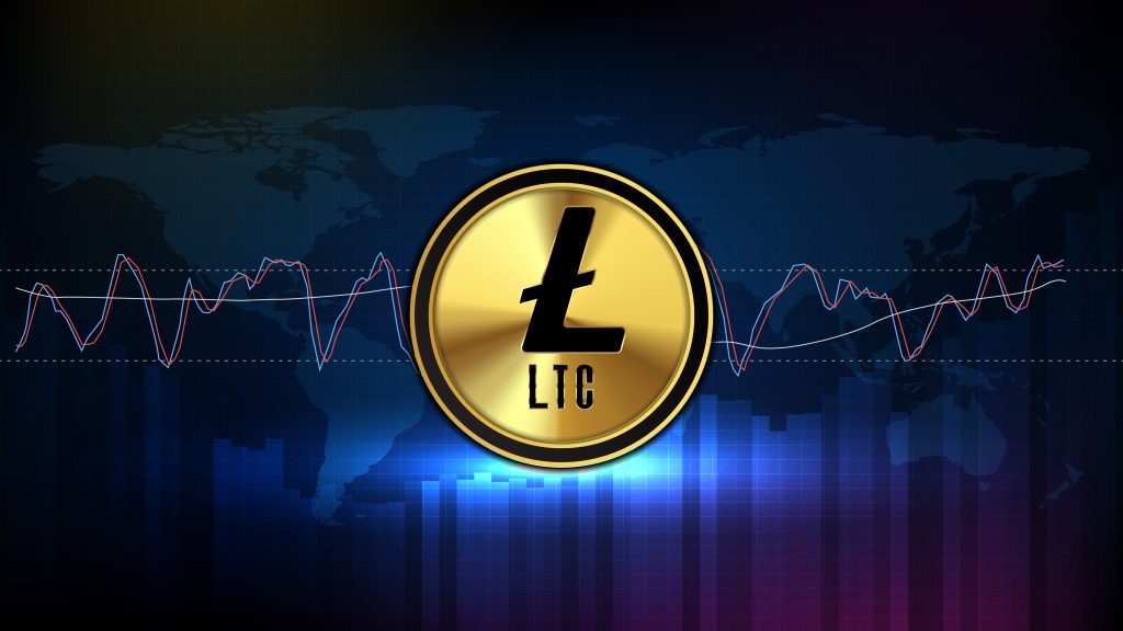 Criptomoneda LTC en dorado sobre un fondo azulado con el mapa mundial y una grafica detras