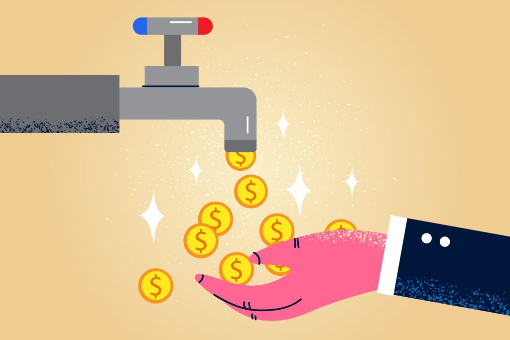 Golden coins dropping from tap to person hands. Money flowing from faucet to man. Concept of easy earning and income. Financial stability and success. Flat vector illustration.