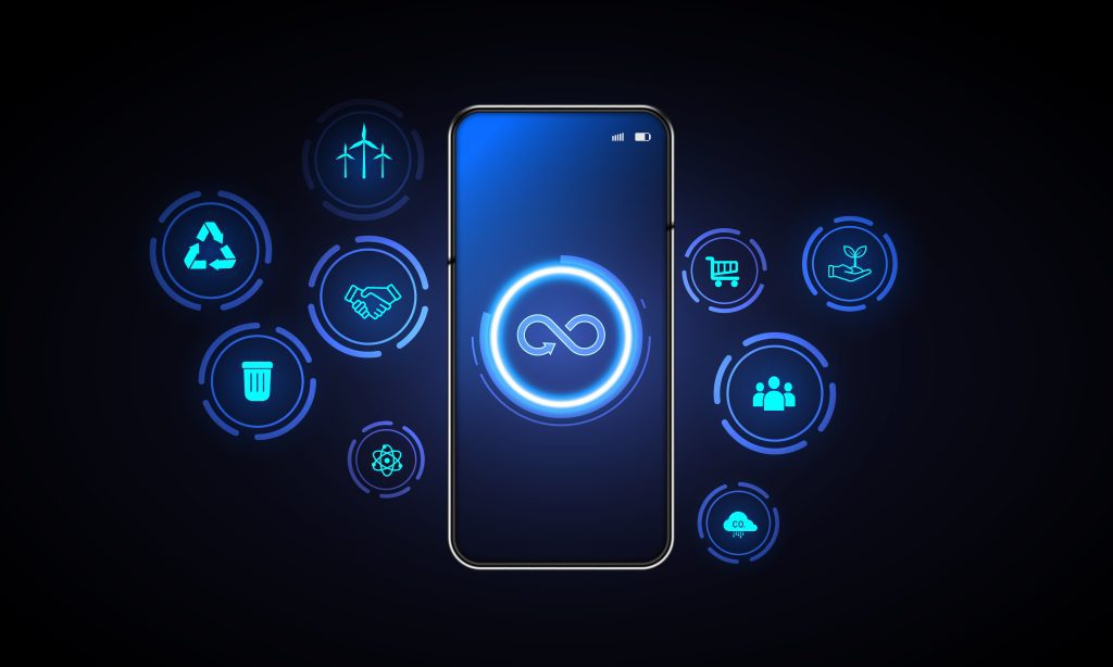 Concepto de icono ESG en el teléfono en la mano para medio ambiente, social y gobernanza en negocios sostenibles y éticos en la conexión de red en un fondo azul. Aplicaciones descentralizadas (dApps)