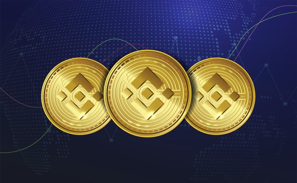 bnb utility token. Binance smart chain token symbol. Set of golden realistic cryptocurrency coins on blue crypto business background with growth and fall graph. digital currency. digital coins. Forex. Poster. Vector illustration
