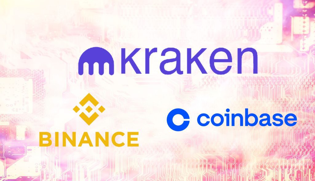 kraken's logo, binance's logo and coinbase's logo as centralized crypto exchanges available