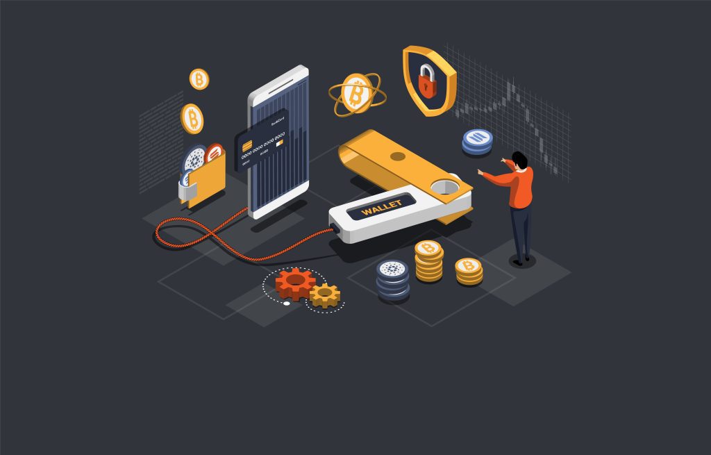 Cryptocurrency Safe Storage And Hardware Offline Wallet For Crypto. Crypto Trader Hold Cryptocurrency On Non-Custodial Wallet To Avoid Hacker Attack And Steal Money. Isometric 3d Vector Illustration.
