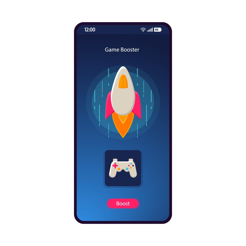 Game booster app smartphone interface vector template. Mobile app page blue design layout. Battery optimizer, cleaner screen. Flat UI for application. Gaming boost, optimization. Phone display