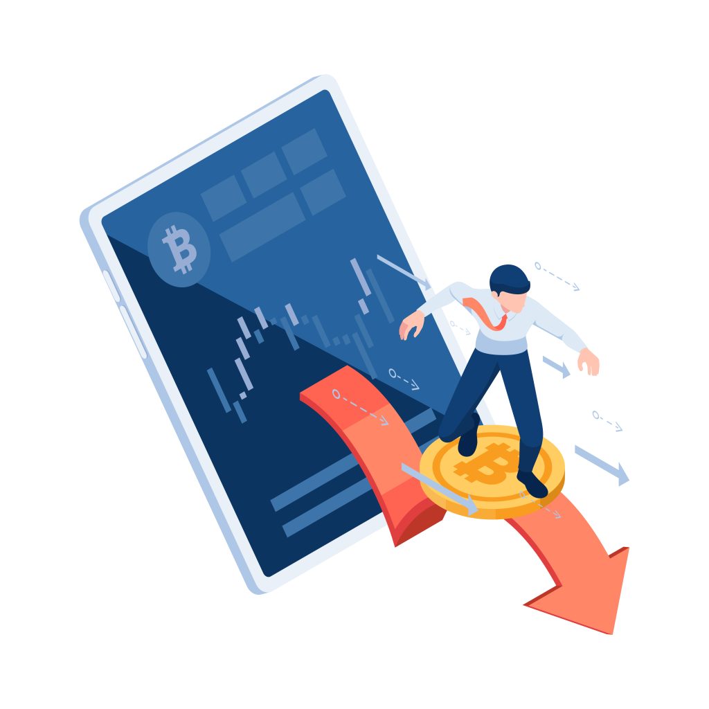 Flat 3d Isometric Businessman Surfing on Bitcoin. Cryptocurrency and Blockchain Technology Concept.