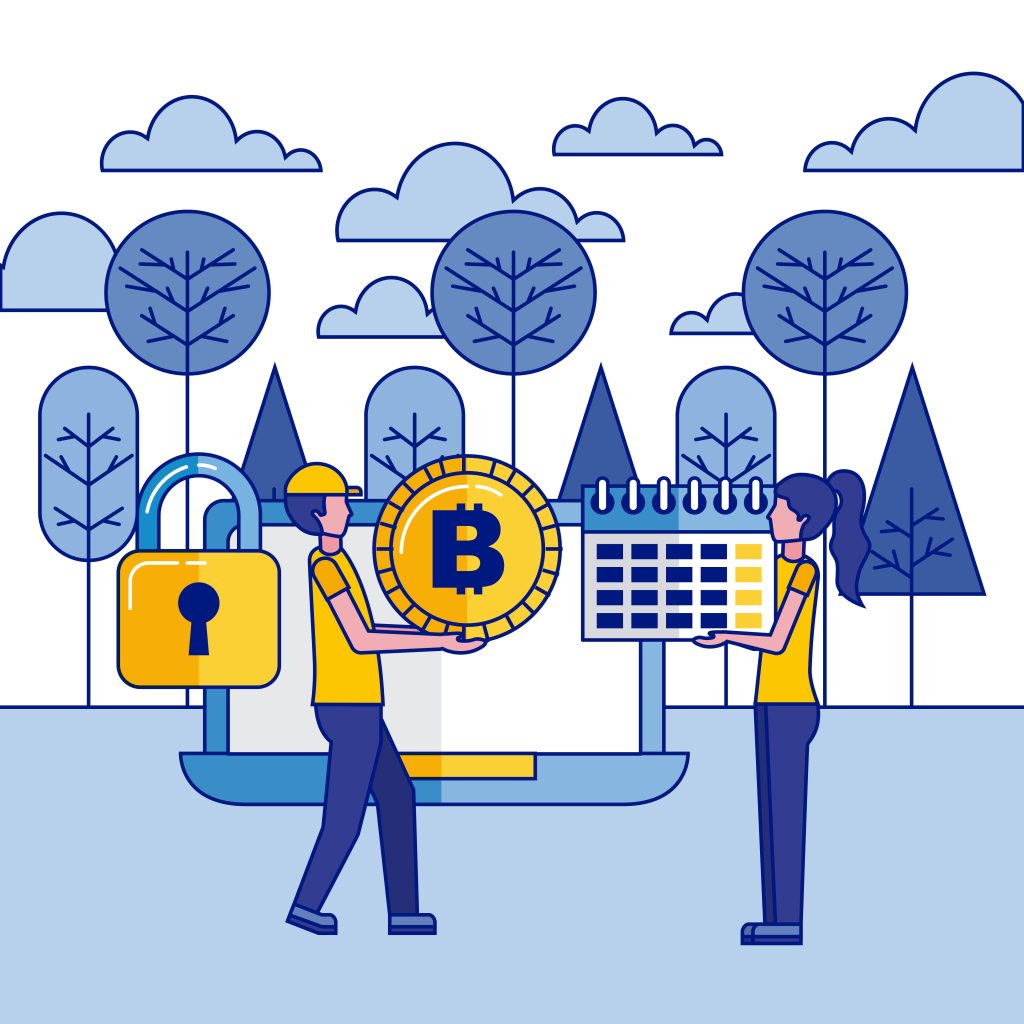 men with calendar bitcoin security laptop outdoors fintech vector illustration