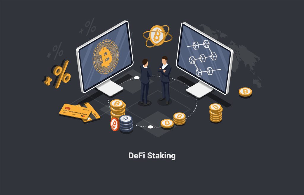 prueba de participacion en defi blockchain. Tecnología Blockchain y Defi Staking. Las plataformas DeFi permiten a las personas prestar o tomar prestados fondos de otros, especular sobre los movimientos de precios de los activos utilizando derivados. Ilustración vectorial 3d isométrica.
