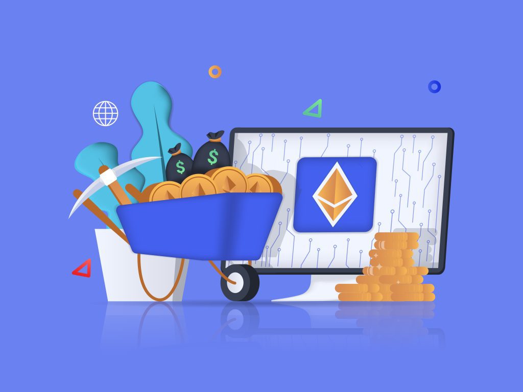 Cryptocurrency concept 3D illustration. Icon composition with computer screen with crypto sign and blockchain, stack of coins, cart and pick for money staking. proof of stake ethereum 2.0