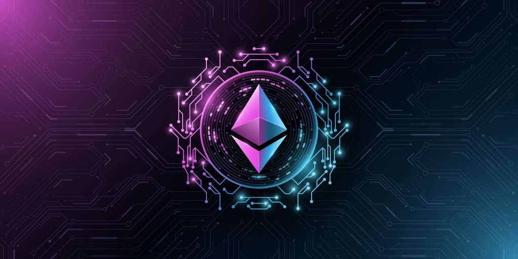 Understanding the Ethereum Shanghai Upgrade. Ethereum cryptocurrency in a futuristic style. Cyber digital coin ETH for banner, website or presentation. Computer circuit board. Vector blockchain for graphic design. EPS 10.