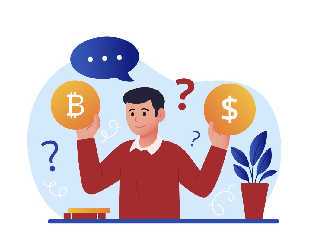 Concepto de criptomoneda. Chico compara bitcoin con dólar. Evaluación de la eficiencia de inversión, educación financiera. Persona buscando moneda para aumentar ingresos. Ilustración vectorial plana de dibujos animados