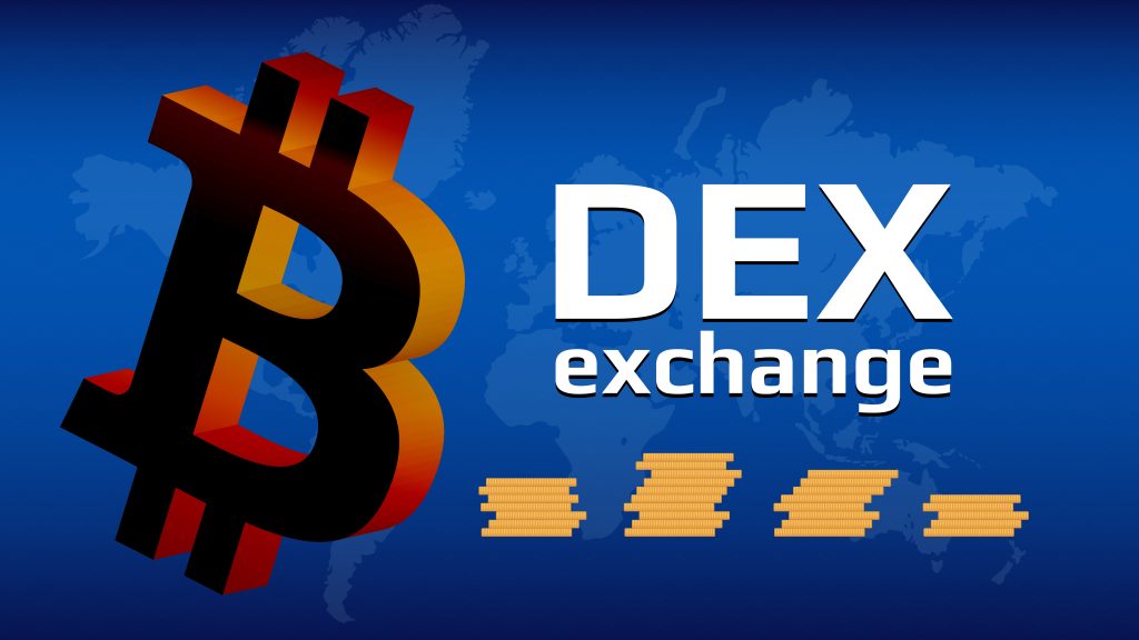 DEX intercambio descentralizado y símbolo de bitcoin con el mapa mundial en fondo azul. DEX permite intercambiar criptomonedas sin necesidad de intermediarios.