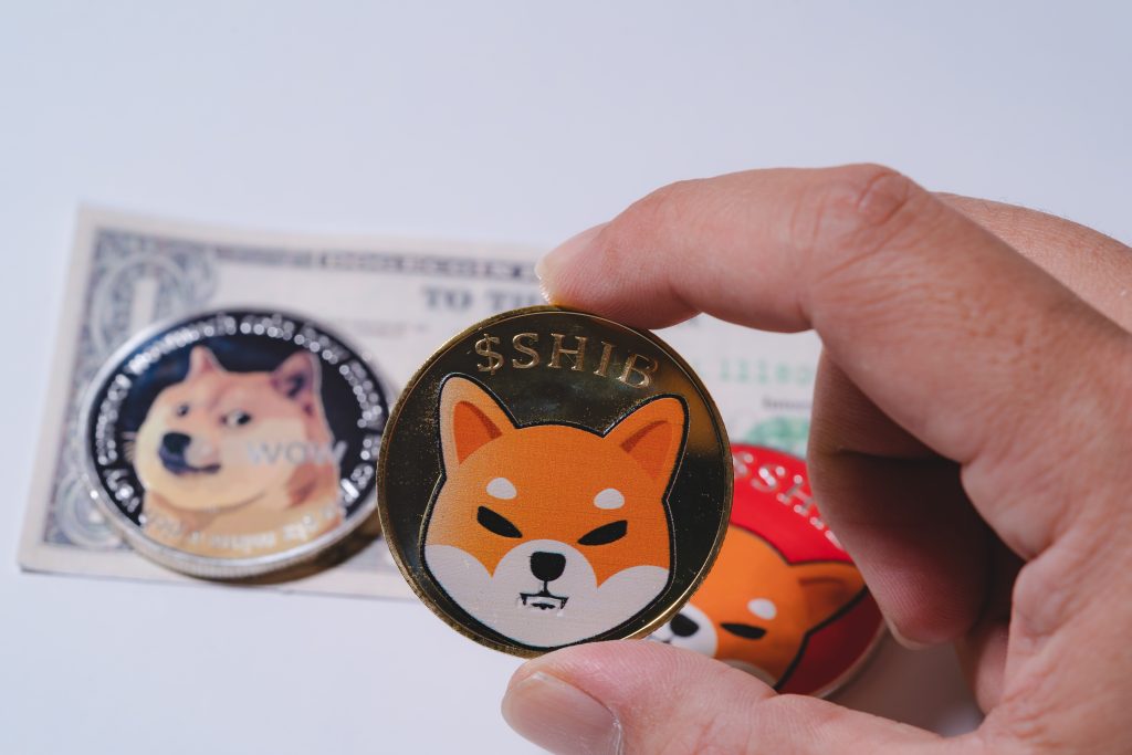 Hand or fingers picking Shiba coin group included with Crypto currency coin Dogecoin DOGE, bitcoin BTC, Ethereum ETH symbol Virtual blockchain technology future is digital money close up and Macro.