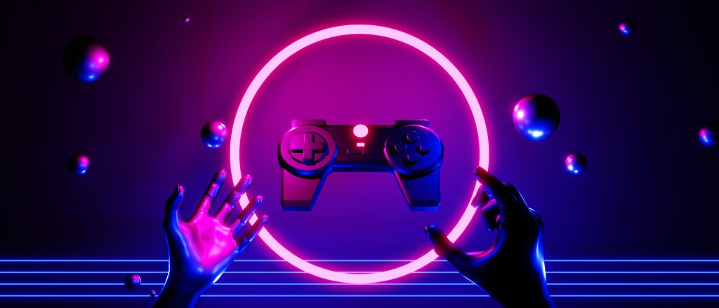 hand holding joystick video game of esports scifi gaming cyberpunk, vr virtual reality simulation and metaverse, scene stand pedestal stage, 3d illustration rendering, futuristic neon glow room