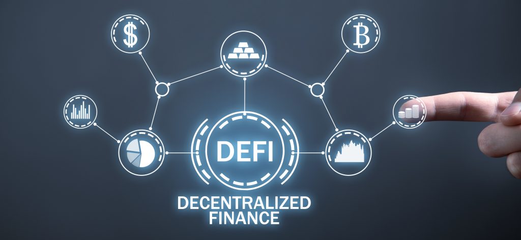 Mano masculina tocando en DeFi (Finanzas Descentralizadas).