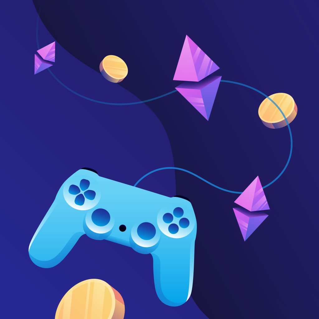 Isometric Play to Earn nft games Illustration. Graphic Joystick, Rhombus and Cryptocurrency Coins. Vector illustration