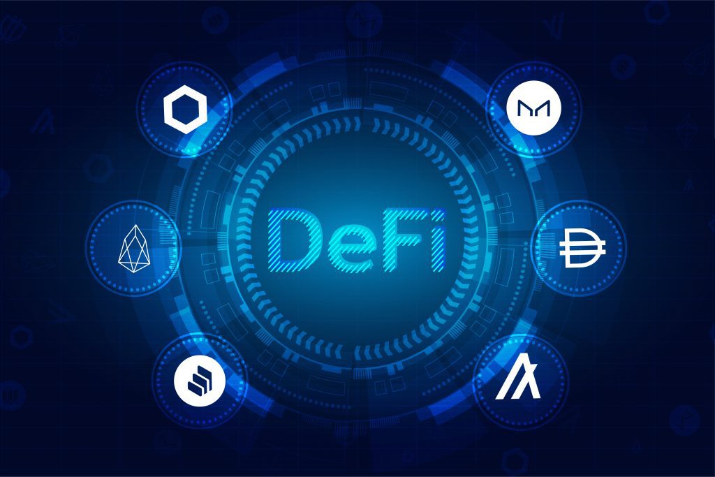 Casos de uso populares de DeFi (Finanzas Descentralizadas) con un fondo futurista.