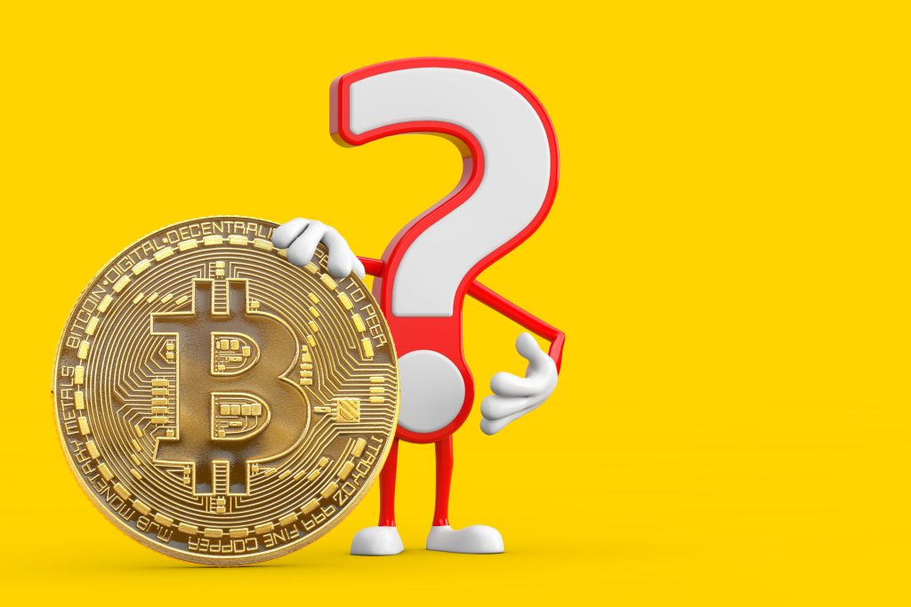Question Mark Sign Cartoon Character Person Mascot with Digital and Cryptocurrency Golden Bitcoin Coin on a yellow background. 3d Rendering