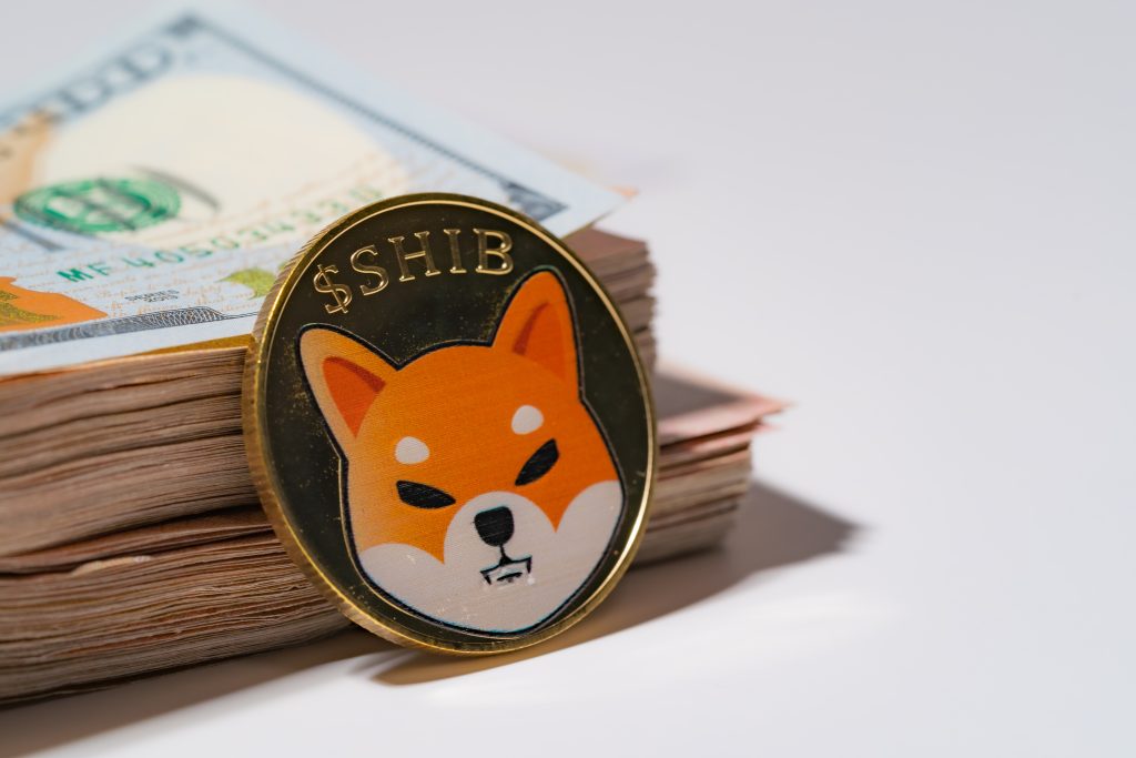 Moneda Shiba incluida con monedas de criptomonedas en pila de 100 dólares nuevos estadounidenses dinero americano tecnología Virtual blockchain (cadena de bloques) el futuro es el concepto de dinero Primer plano y macro en fondo blanco.