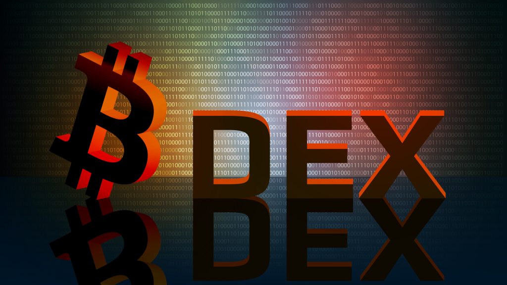 DEX intercambio descentralizado y símbolo de bitcoin en el suelo espejado con fondo digital. DEX permite intercambiar criptomonedas sin intermediarios.