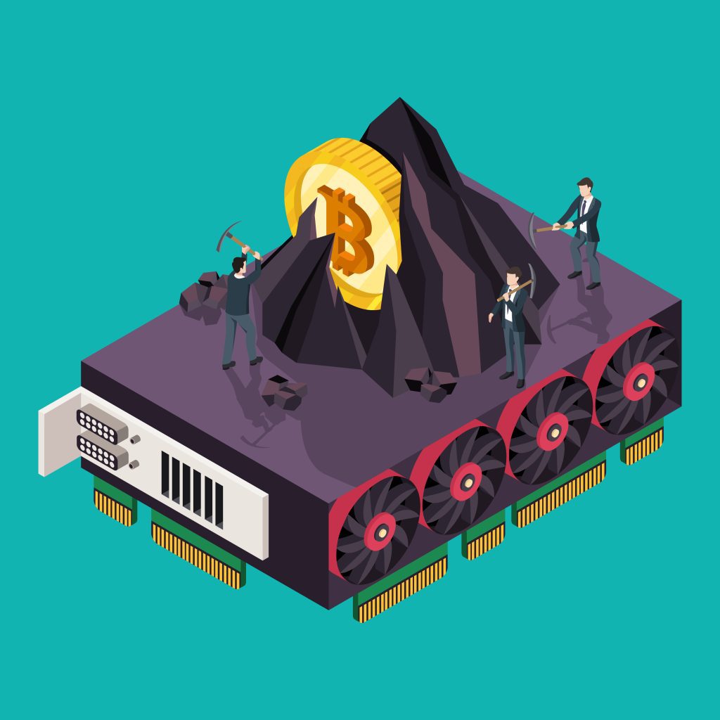 GPU mining Bitcoin concept. Isometric vector illustration.