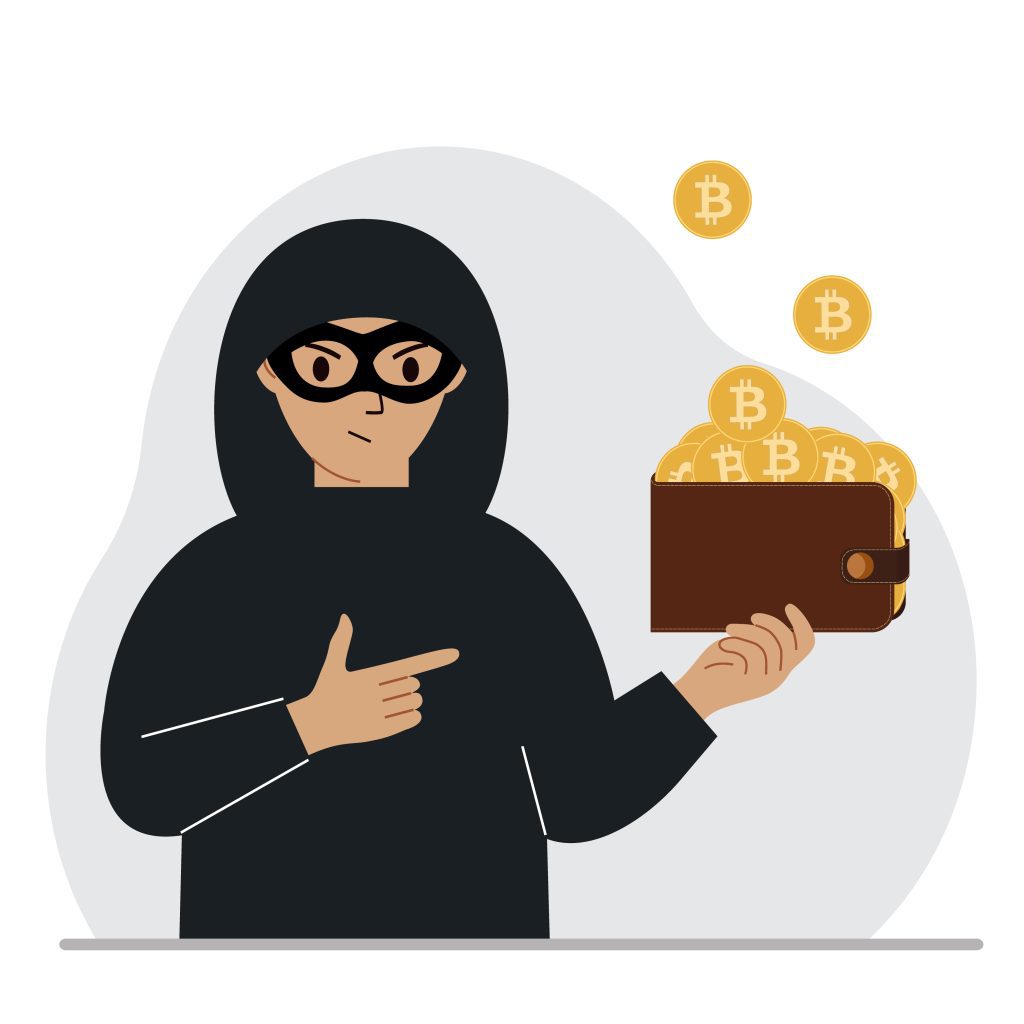 Thief in a black mask with a purse of coins with a bitcoin sign. Cyber attack, mobile phishing, fraud, hacker, theft, theft. Vector flat illustration