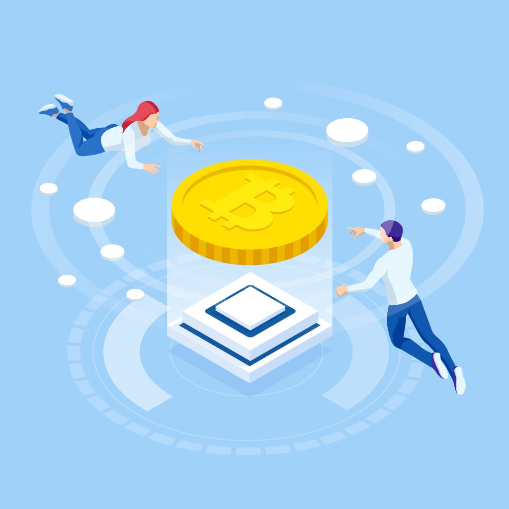 Mechanism Behind Liquidity Pools, Isometric cryptocurrency business people miner and coins concept. Bitcoin cryptocurrency mining farm. Cryptocurrency editable banner template